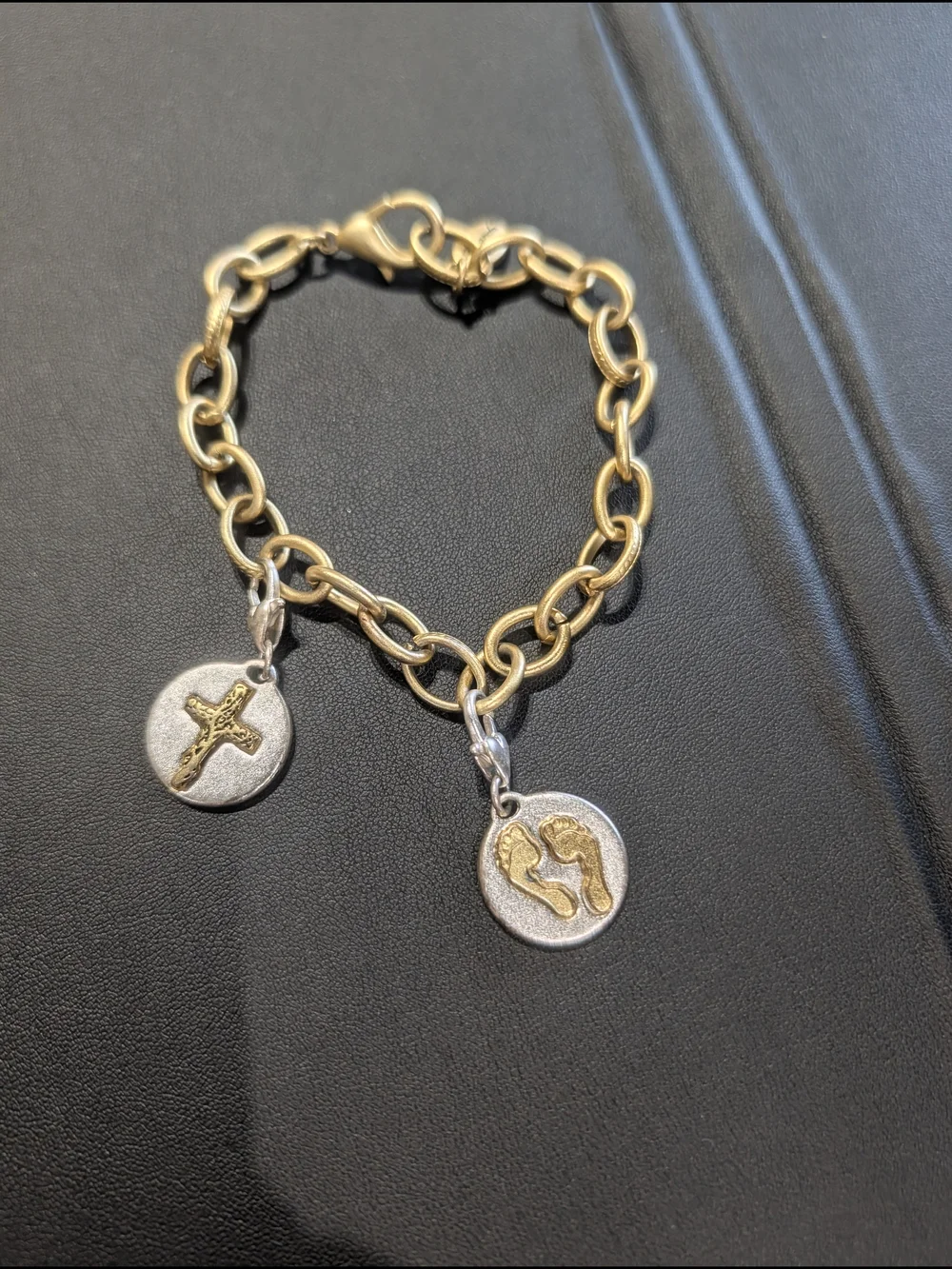 Amanda Blu Gold-Tone Charm Bracelet with Cross and Footprint Medallions